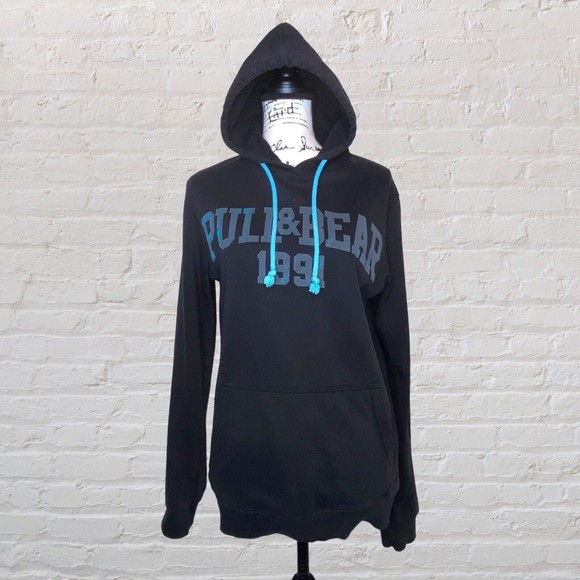 Pull & Bear Small Black/Blue Hooded Sweatshirt Hoodie Spell Out Factory Distress - Picture 1 of 8